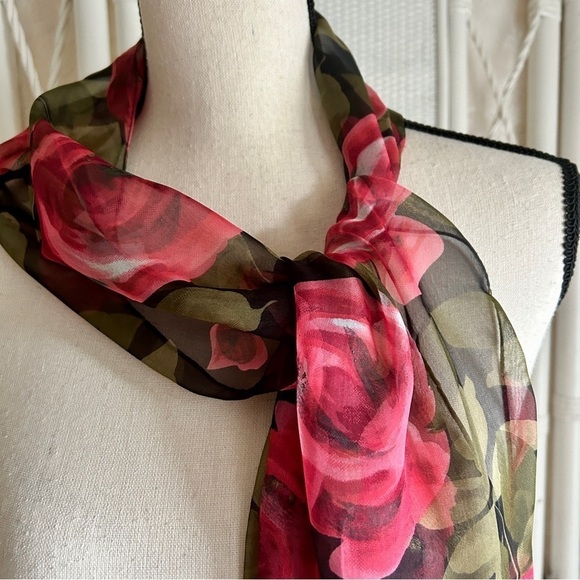 Oblong Scarf Rose Print Pink Black Green Floral Print Fringe Vintage 1990s - Picture 4 of 14